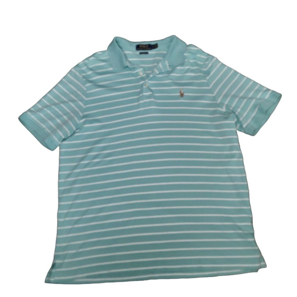 Polo Ralph Lauren Mens L Classic Fit SS Shirt Flesh Pony Aqua/White Stripe